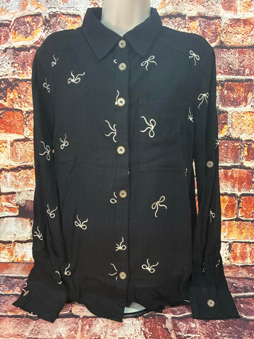Embroidered Bow Button Up