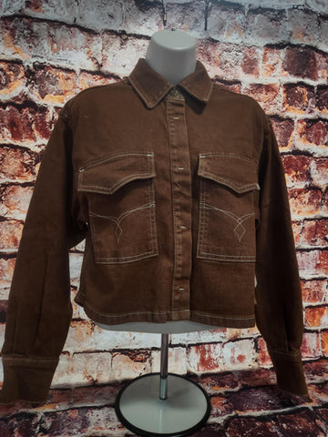Ariat Boxy Cropped Denim Shacket- Pecan Brown