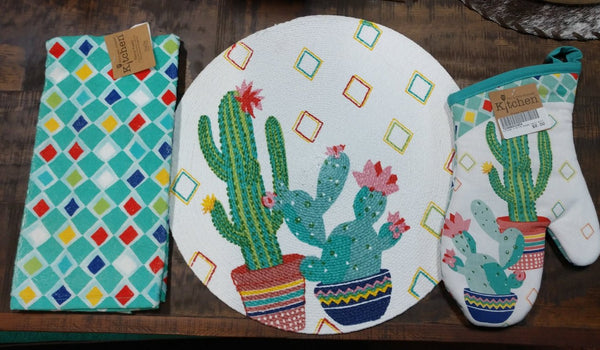 Cactus Theme Kitchen Pot Holders, Oven Mitt and Magnetic Hanging Hooks