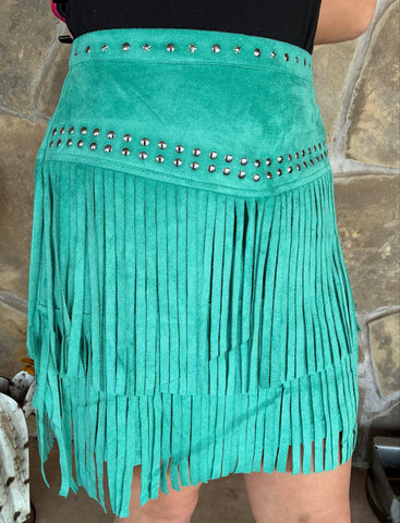 Microsuede Teal Fringe Skirt