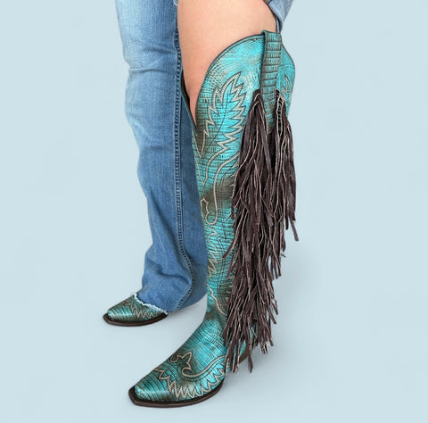 Turquoise Snake Print Fringe Knee High Boots