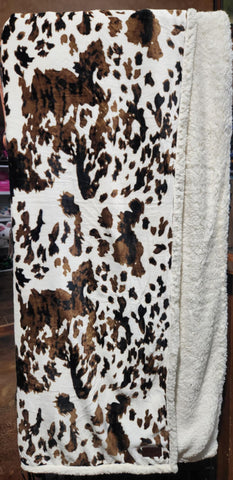 Tri Color Cowhide Plush Throw Blanket