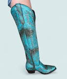 Turquoise Snake Print Fringe Knee High Boots