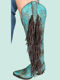Turquoise Snake Print Fringe Knee High Boots