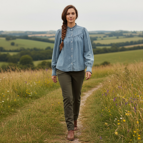 Denim Ruffle Pearl Snap