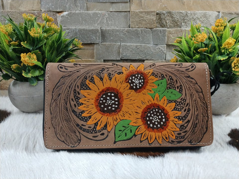 Sunflower with Feathers Leather Wallet
