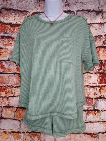Green Ribbed 2 pc Short Set