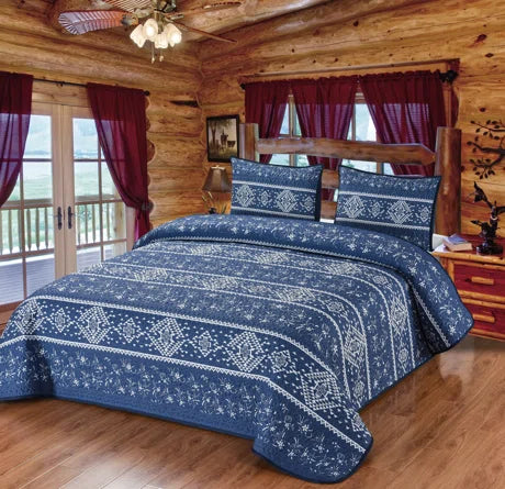 Indigo Blessing Floral 3 Piece Quilt Set