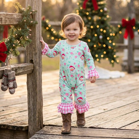 Blue Floral Santa Ruffle Romper