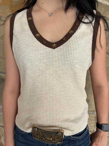 Cream V-Neck Tank with Charm