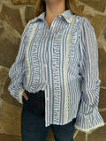 Blue Stripe Ruffle Lace Long Sleeve Button up