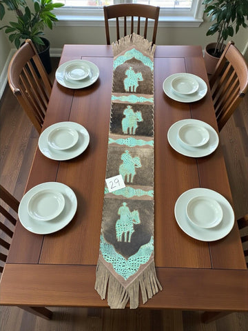 Cowboy Turquoise Tooled Leather Fringe Cowhide Table Runner #29