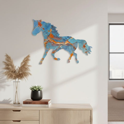 Blue Tribal Metal Horse Wall Hanger
