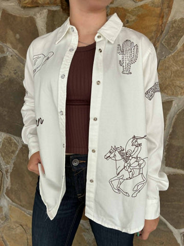 White Pearl Snap Western Embroidered Shirt