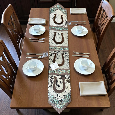 Horseshoe Turquoise Tooled Leather Cowhide Table Runner #2