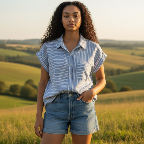 Blue Stripe Cap Sleeve Button Up