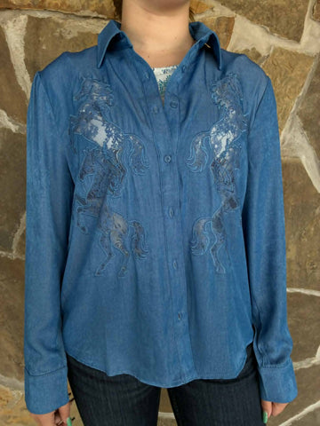 Chambray Lace Horse Button Up