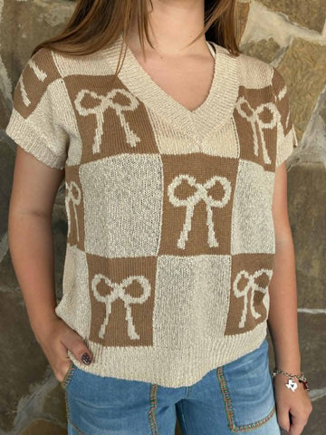 Checker Bow Knit Top