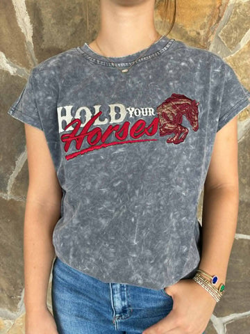 Hold Your Horses Embroidered Cutoff Tank