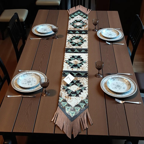 Steer Skull Turquoise Leather Cowhide Table Runner #7