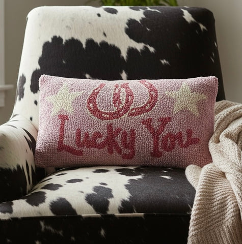 Pink "Lucky You" Kilim Hook Wool Pillow