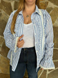 Blue Stripe Ruffle Lace Long Sleeve Button up