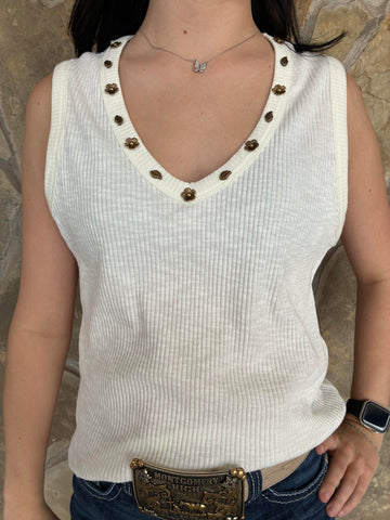 White V-Neck Tank with Charm