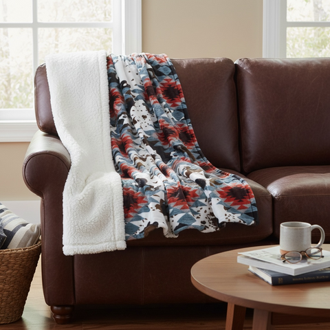 Southwest Cowhide Sherpa Throw Blanket