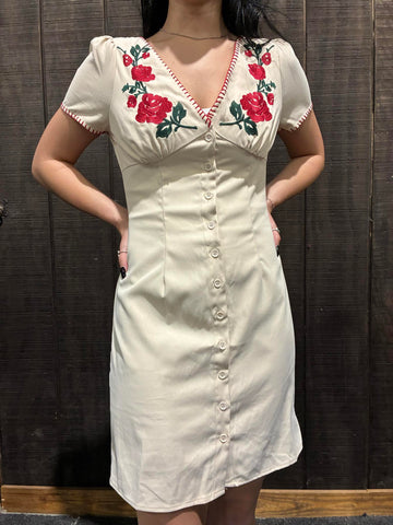 Rose Embroidered Button Dress