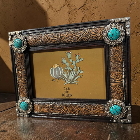Tooled Leather Turquoise Concho 4x6 Photo Frame