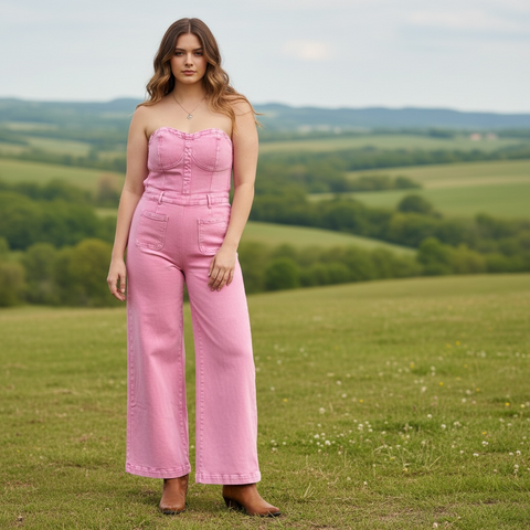 Pink Denim Strapless Jumpsuit