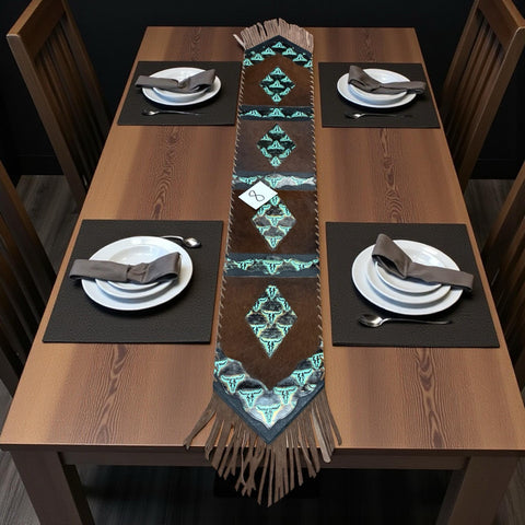 Diamond Turquoise Steer Skull Tooled Leather Cowhide Table Runner #8
