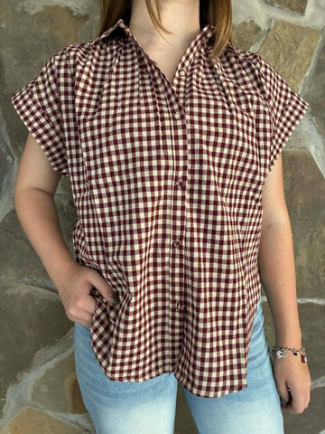 Maroon Gingham Button Up Top