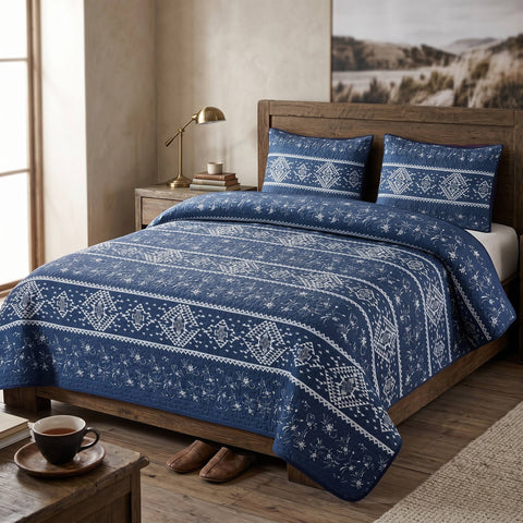Indigo Blessing Floral 3 Piece Quilt Set