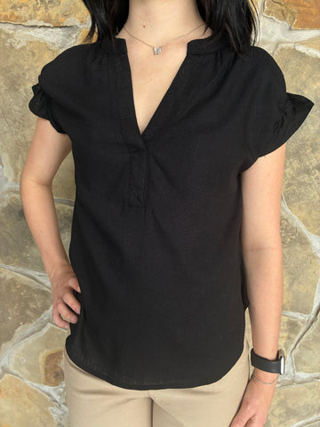 Black Linen V-Neck Blouse