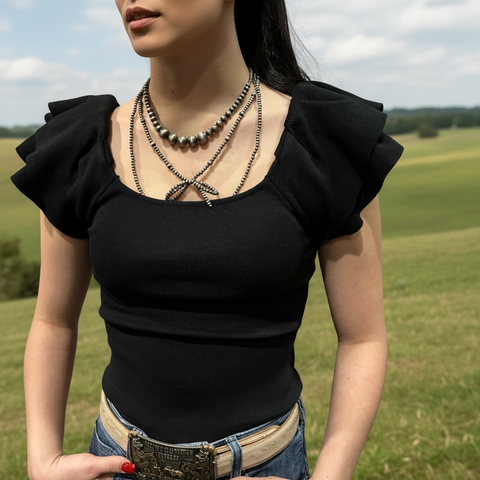Ruffle Sleeve Knit Black Tank