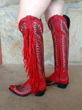 Red Fringe Knee High Boots