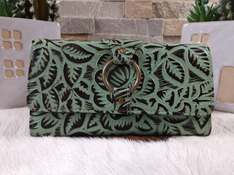 Green Leaf Tooled Leather Wallet