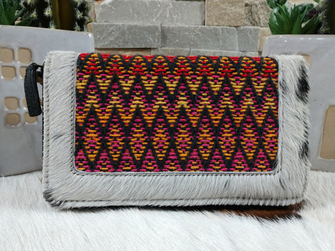 Cowhide and Woven Rectangle Zip Wallet