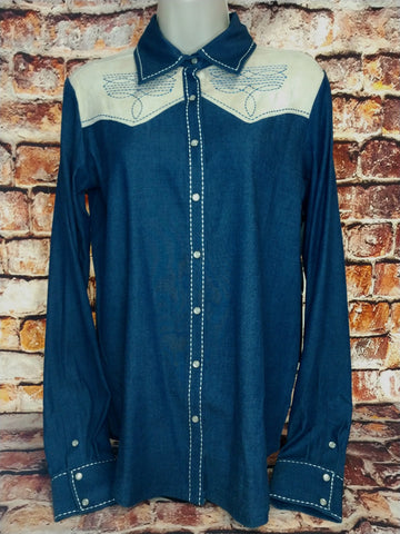 Cowgirl Tuff Boot Stitch Denim Pullover Button Up