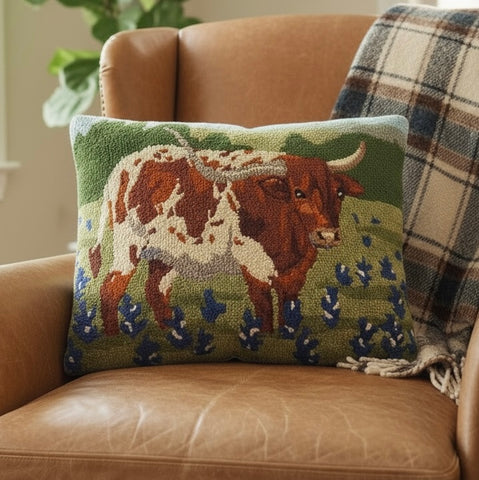 Longhorn Bluebonnets Kilim Hook Wool Pillow