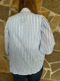 Blue Stripe Ruffle Lace Long Sleeve Button up