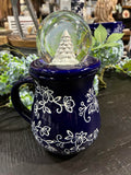 Blue Floral Lace 16 oz Mug w Snowglobe Topper