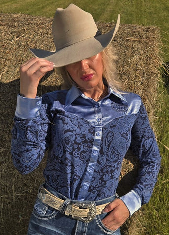 Navy Blue Paisley Jersey & Satin Pullover Button Up