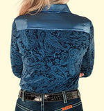 Navy Blue Paisley Jersey & Satin Pullover Button Up