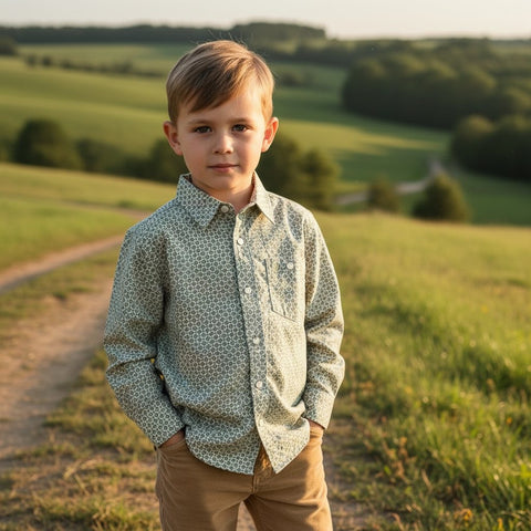 Boy's Green Geo Print Button Up