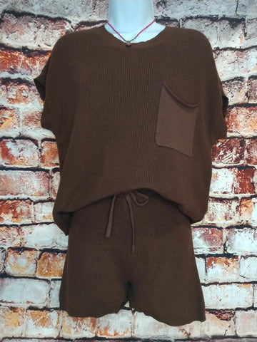 Brown Knit 2pc Short Set