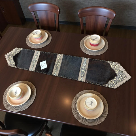 Dark Brindle with Tan Tooled Leather Cowhide Table Runner #5