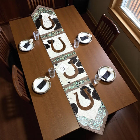 Horseshoe with Turquoise Tooled Leather Cowhide Table Runner #3