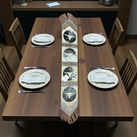 Steer Head and Tooled Tan Leather Fringe Cowhide Table Runner #1